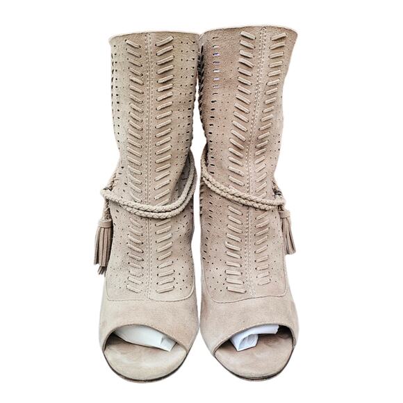Slouchy Suede Boots Dolce Vita Maddox Size 6.5 Tan Leather Open Toe Heel Tassels - Picture 2 of 13